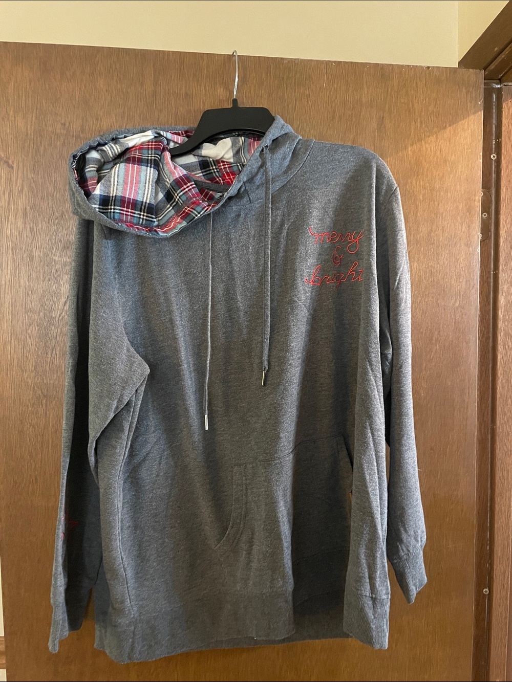 Maurices Charcoal Gray Crewneck Hoodie with Red Script & Plaid-Lined Hood